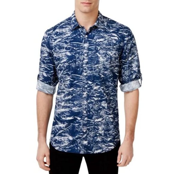 INC Men's 100% Cotton Long Sleeve Button-Down Shirt M Blue Splatter Waves - Picture 1 of 7